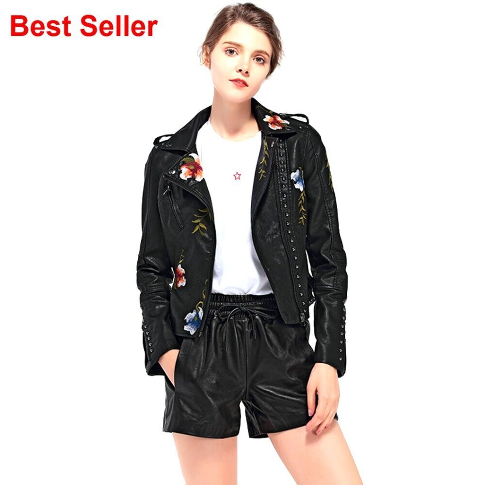 Floral Embroidered Faux Leather Moto Jacket Coat